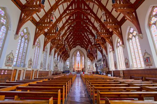 Free Elegant interior view of St Walburge's Church, Lancashire, showcasing gothic architecture. Stock Photo