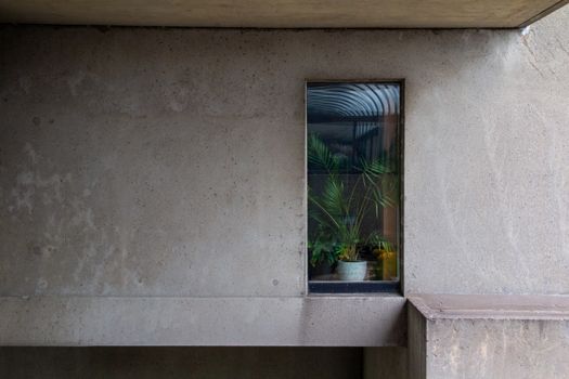 Concrete facade with palm plants behind a window at Habitat 67, Montreal.