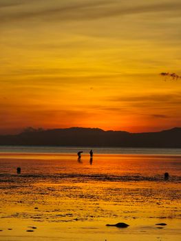 Silhouettes of people at sunset in Central Visayas, Philippines, offering a serene seascape view.