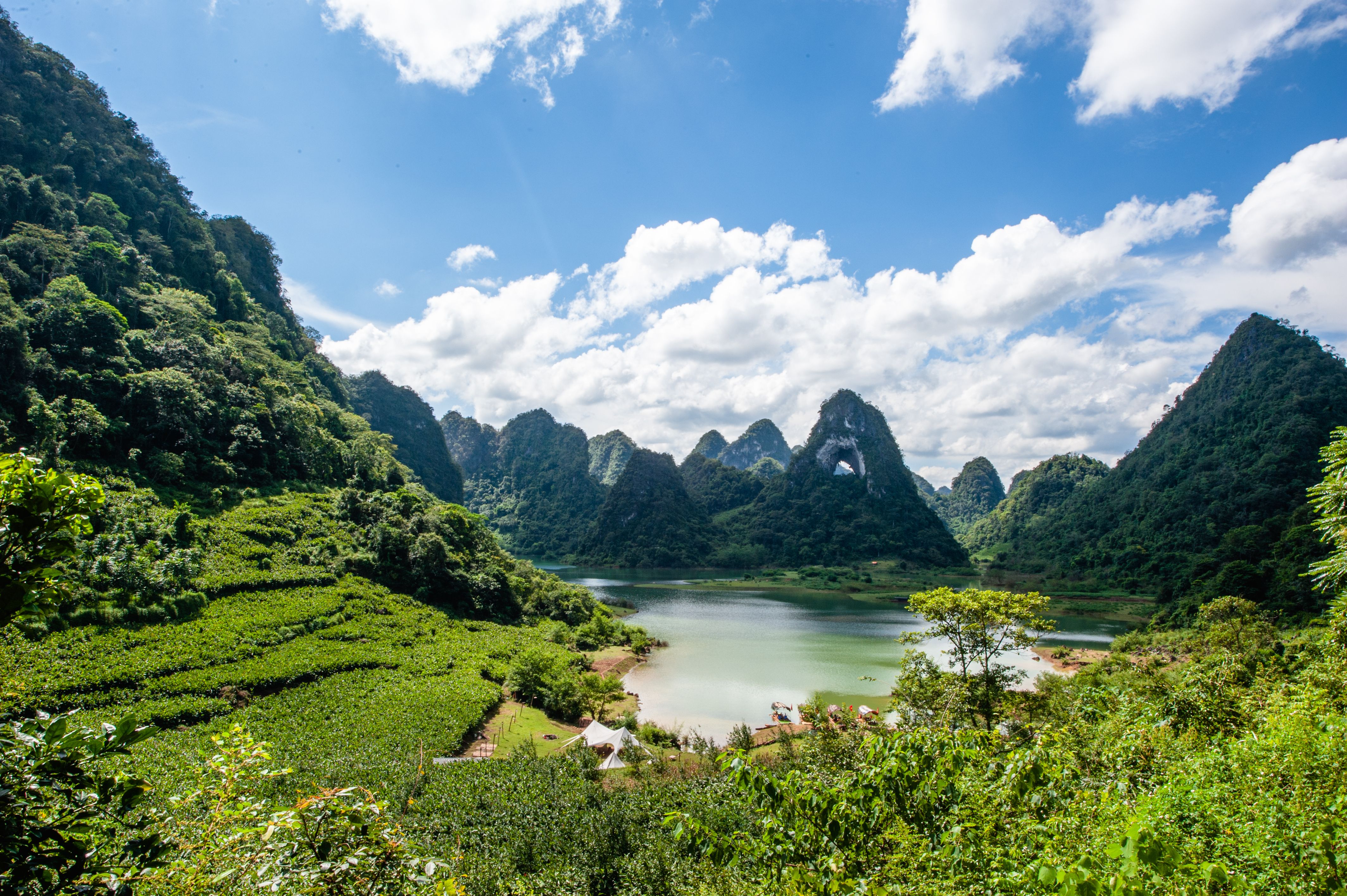 Beautiful limestone karsts and lush greenery surrounding a tranquil lake under blue skies.