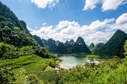 Free Beautiful limestone karsts and lush greenery surrounding a tranquil lake under blue skies. Stock Photo
