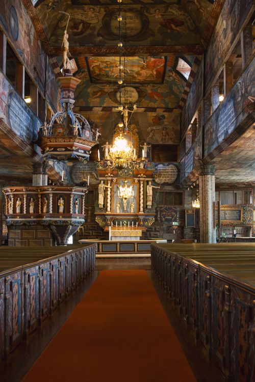 Free Stunning view of a historic church interior in Jönköpings län, Sweden, featuring intricate woodwork and paintings. Stock Photo