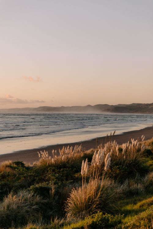 Free Beautiful sunset over Raglan Beach, New Zealand, showcasing coastal landscapes and serene ocean views. Stock Photo