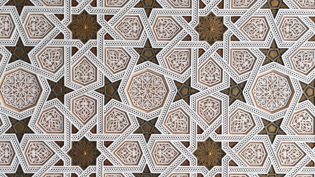 Detailed geometric pattern in Islamic tile art featuring intricate hexagonal motifs and star shapes.