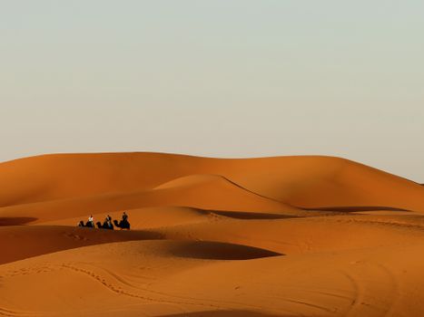 A group of camels and riders traverse the rolling sand dunes of the Moroccan desert under a clear sky.