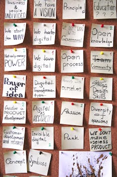 软木板上钉着鼓舞人心的笔记和目标，强调着创造力和创新