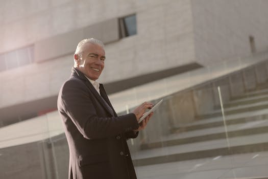 在城市户外环境中，一位高级商人正微笑着使用平板电脑