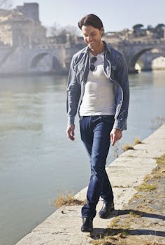 一名身着休闲装的男子漫步在罗马的台伯河畔，散发着轻松时尚的气息