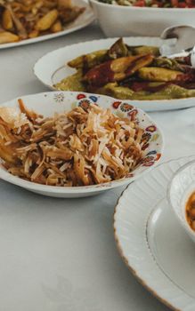 Close-up of a traditional Middle Eastern basmati rice dish served on a decorative plate.