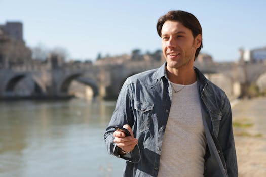 一名男子在阳光明媚的一天，于城市河流旁享受时光，背景是一座风景优美的桥梁