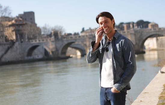 一个开朗的男人在河边打电话，背景是一座标志性的桥梁