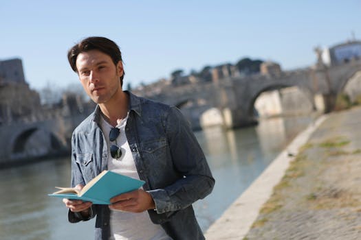 一位年轻人在河桥边看书，随意轻松，捕捉到了时尚的户外时刻