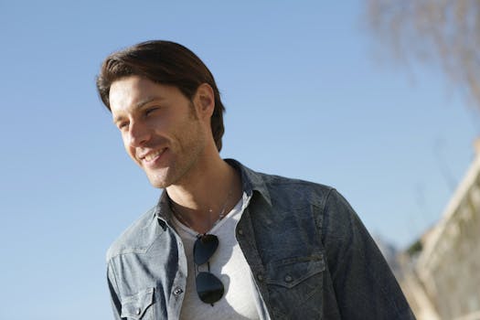 阳光明媚的日子里，一个微笑的年轻人穿着休闲服，戴着太阳镜在户外