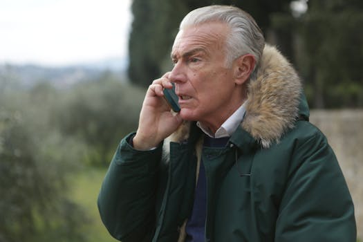 Elderly man in green coat talking on smartphone outdoors, showcasing lifestyle and technology.