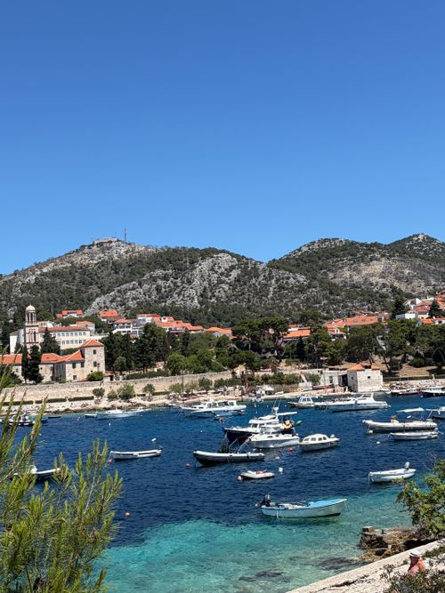 Free Picturesque coast with boats and historic architecture in Split-Dalmatia, Croatia. Stock Photo