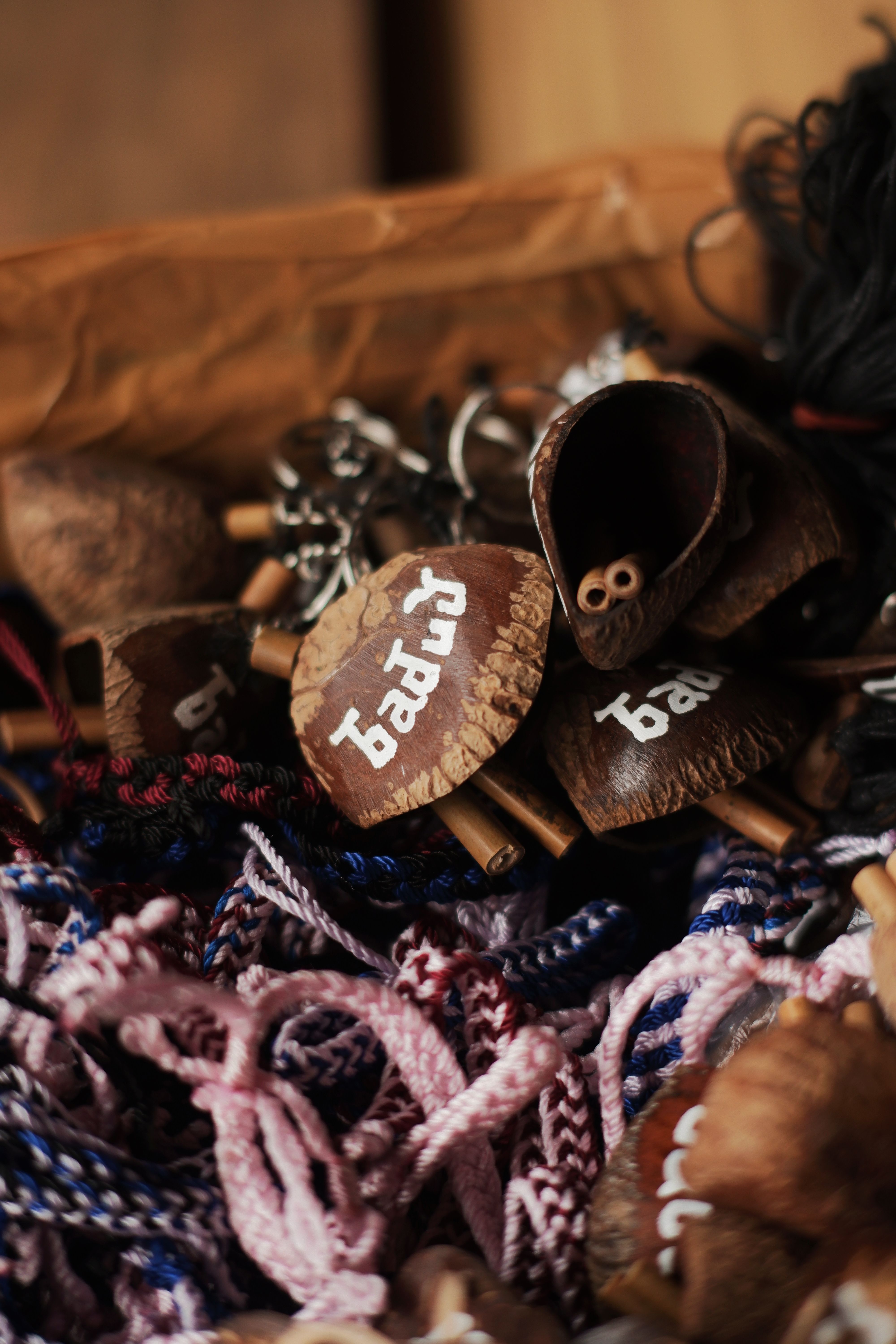 Close-up of traditional Indonesian handicrafts made from natural materials in Banten.
