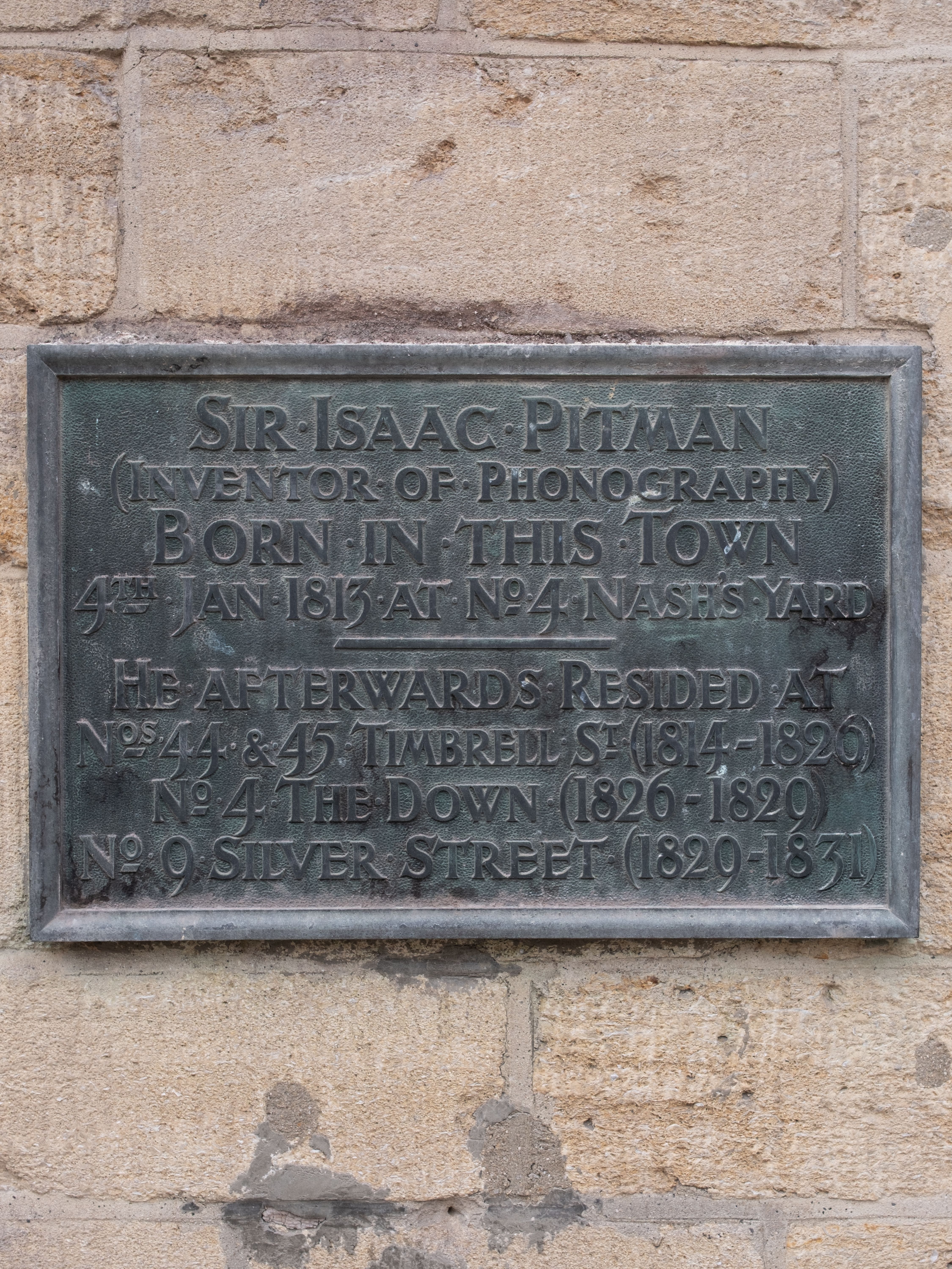 Plaque honoring Sir Isaac Pitman, inventor, in his birthplace. Historical significance.