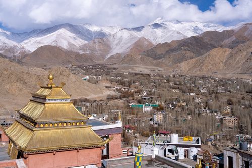 Free Stunning aerial view of Leh town with majestic Himalayan mountains in the background. Stock Photo