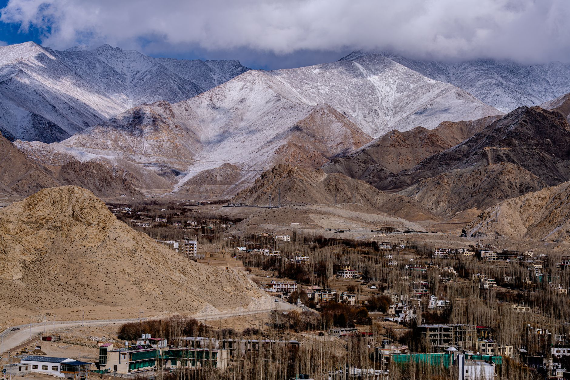 Panoramic view of Leh, Ladakh with mountains and monasteries