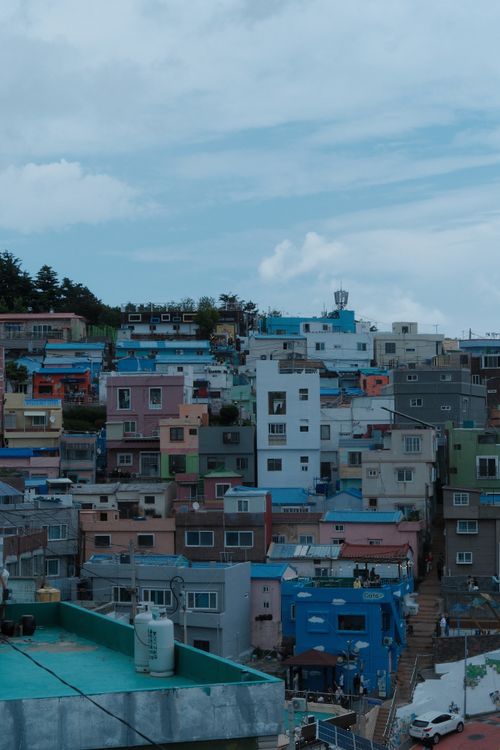Free Vibrant hillside view of Gamcheon Culture Village's colorful houses in Busan, South Korea. Stock Photo