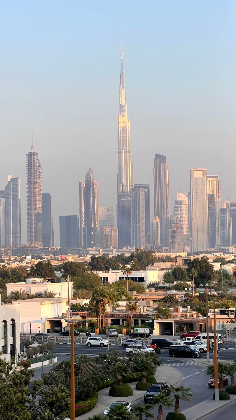 Panoramic view of Dubai skyline with Burj Khalifa