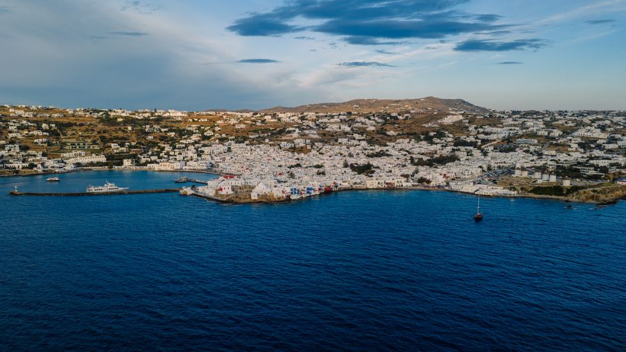 Mykonos Greece island and blue sea