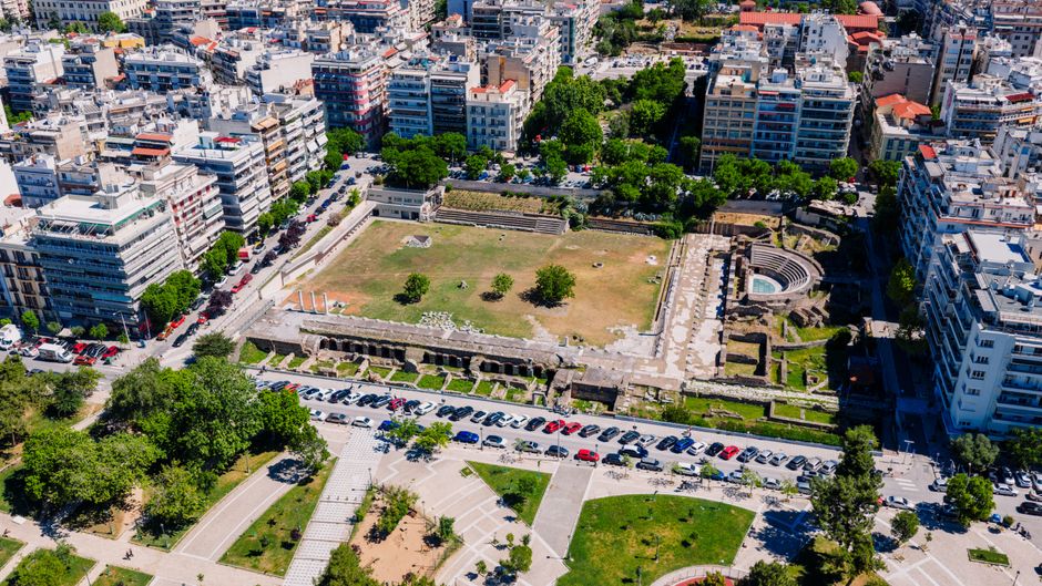 Public bus outside Thessaloniki Airport Makedonia in Greece