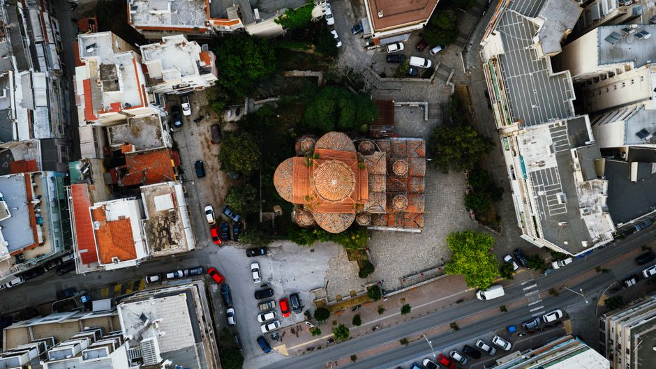 Ultimate Santorini 30min Helicopter Tour Review: Soaring Above Greece's Most Iconic Island Review 2026 - A dynamic aerial shot of the Rotunda Church in Thessaloniki, Greece, showcasing its architectural beauty.