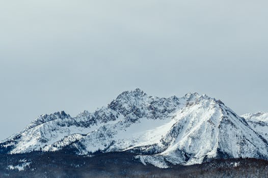 A stunning view of a snow-capped mountain peak under a clear winter sky.