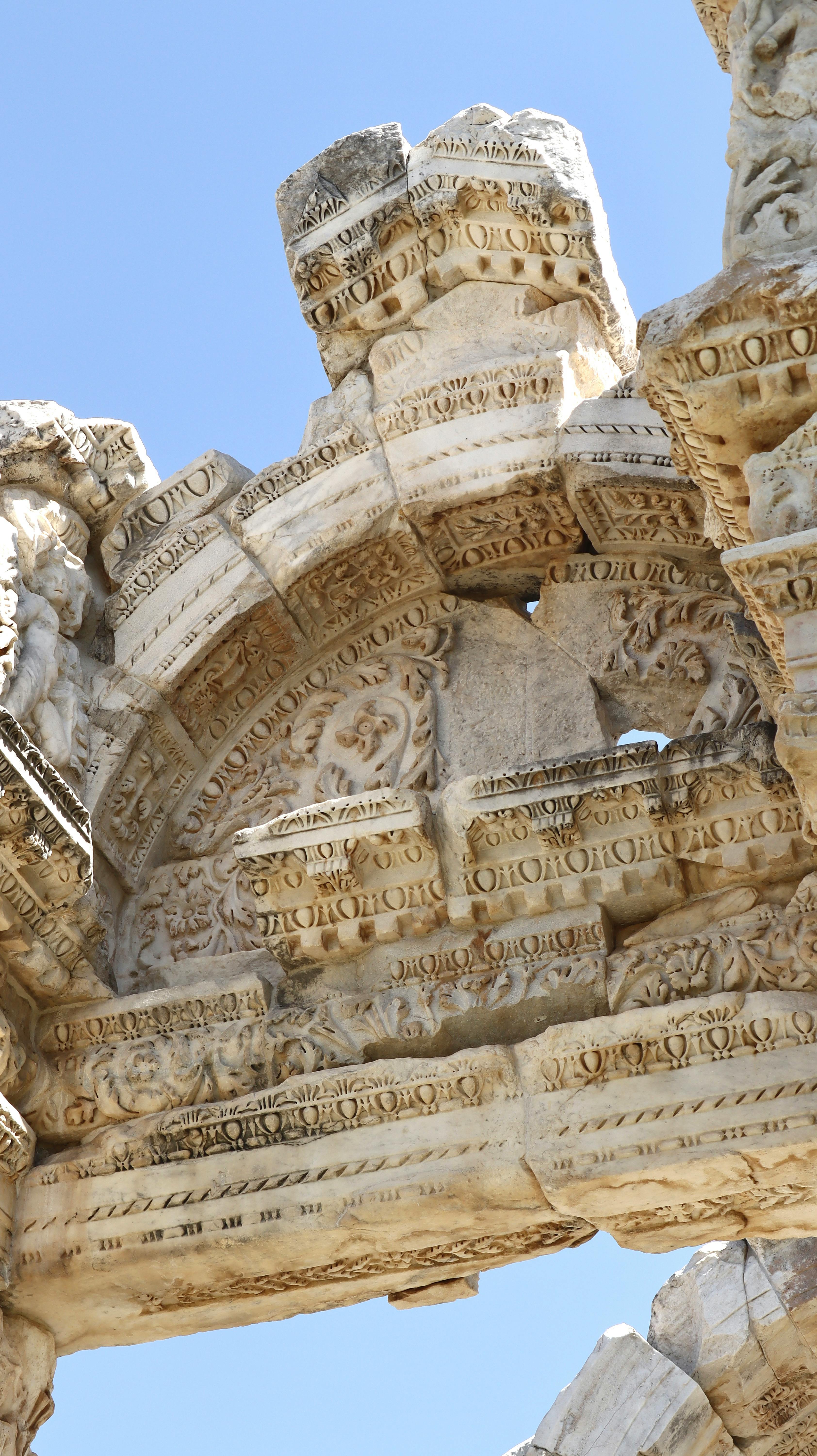 Detailed view of the ancient Roman ruins in Aydın, Türkiye, showcasing intricate stone carvings.