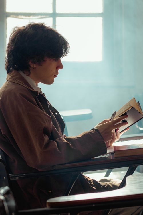Free Focused young adult reading a book in a serene, sunlit classroom setting. Stock Photo