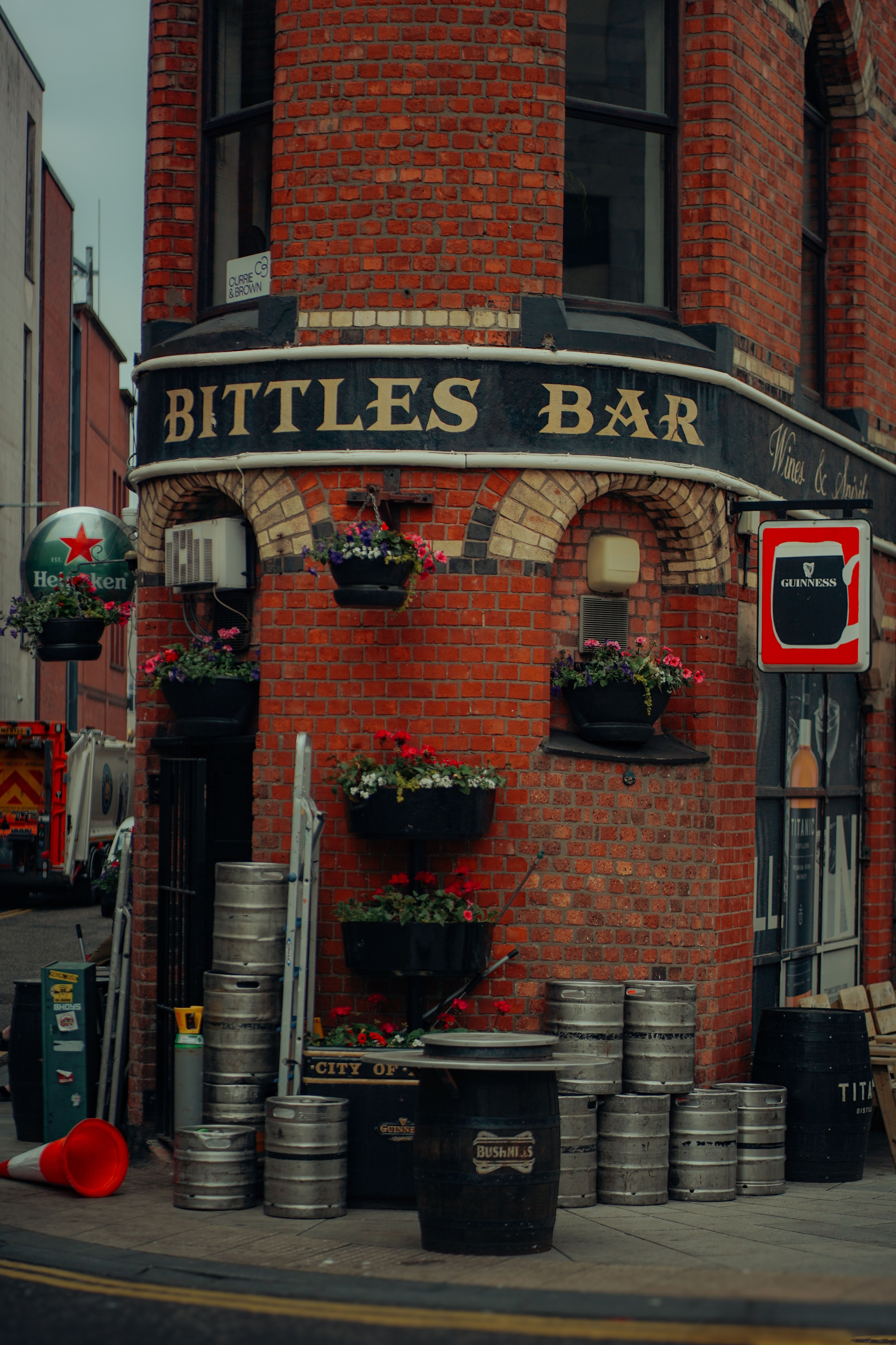 Historic Bittles Bar with its unique flatiron architecture in Belfast, Northern Ireland.