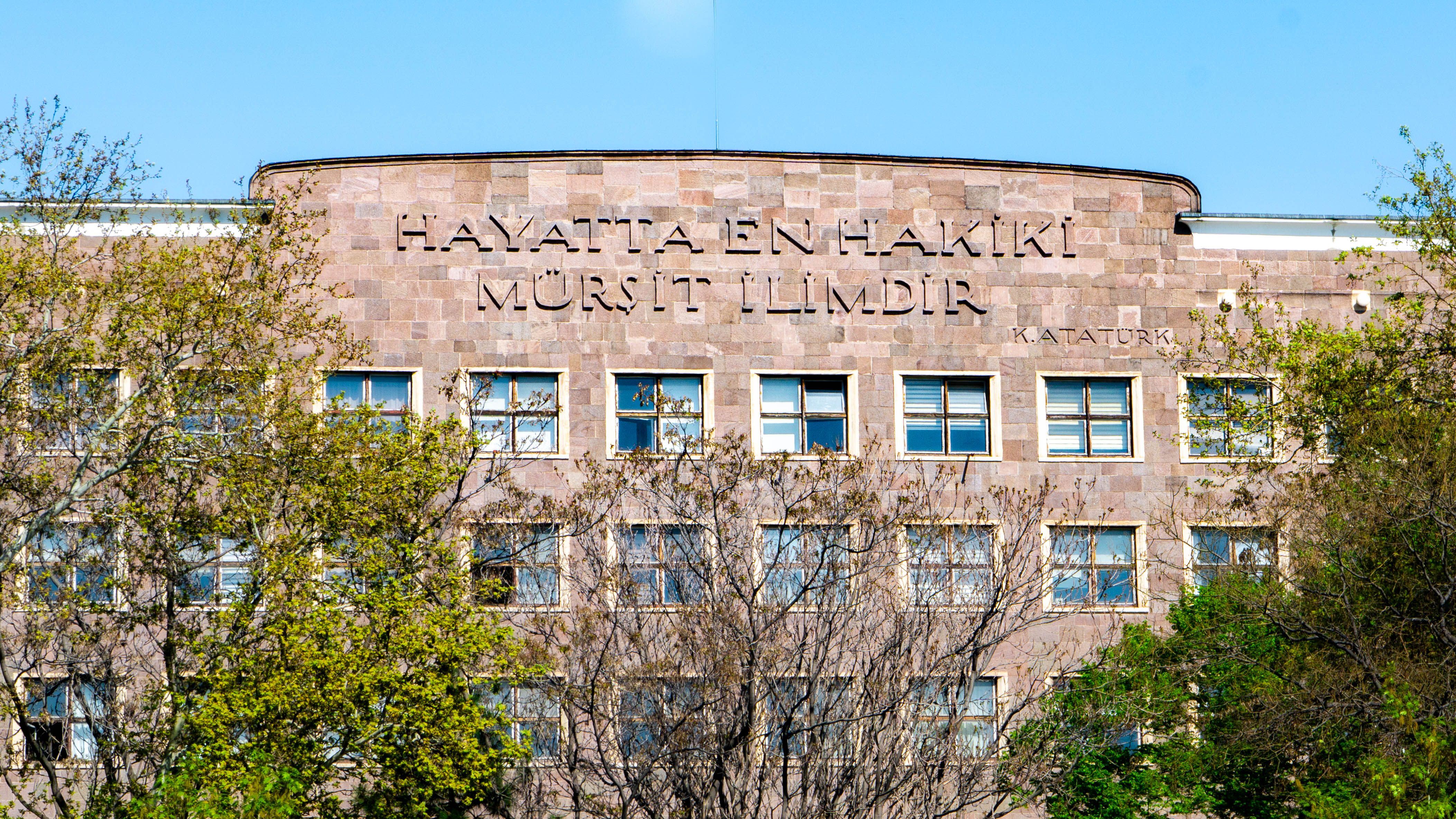 A historical building in Ankara, Türkiye, with Atatürk's quote engraved on the facade.