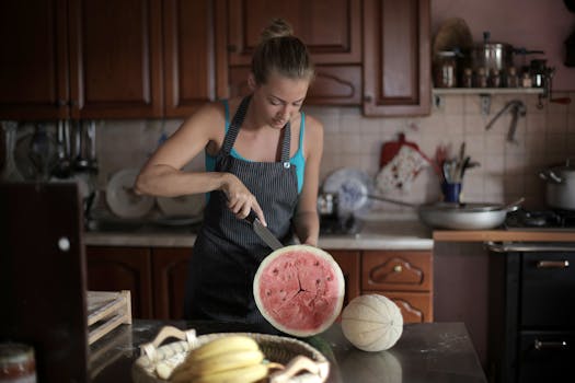 Female chef slicing a watermelon on a kitchen counter, surrounded by fruit.