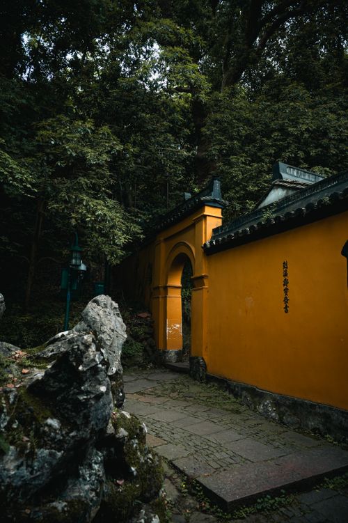 Free Nature enveloped temple entrance with a vibrant yellow wall, framed by lush greenery. Stock Photo