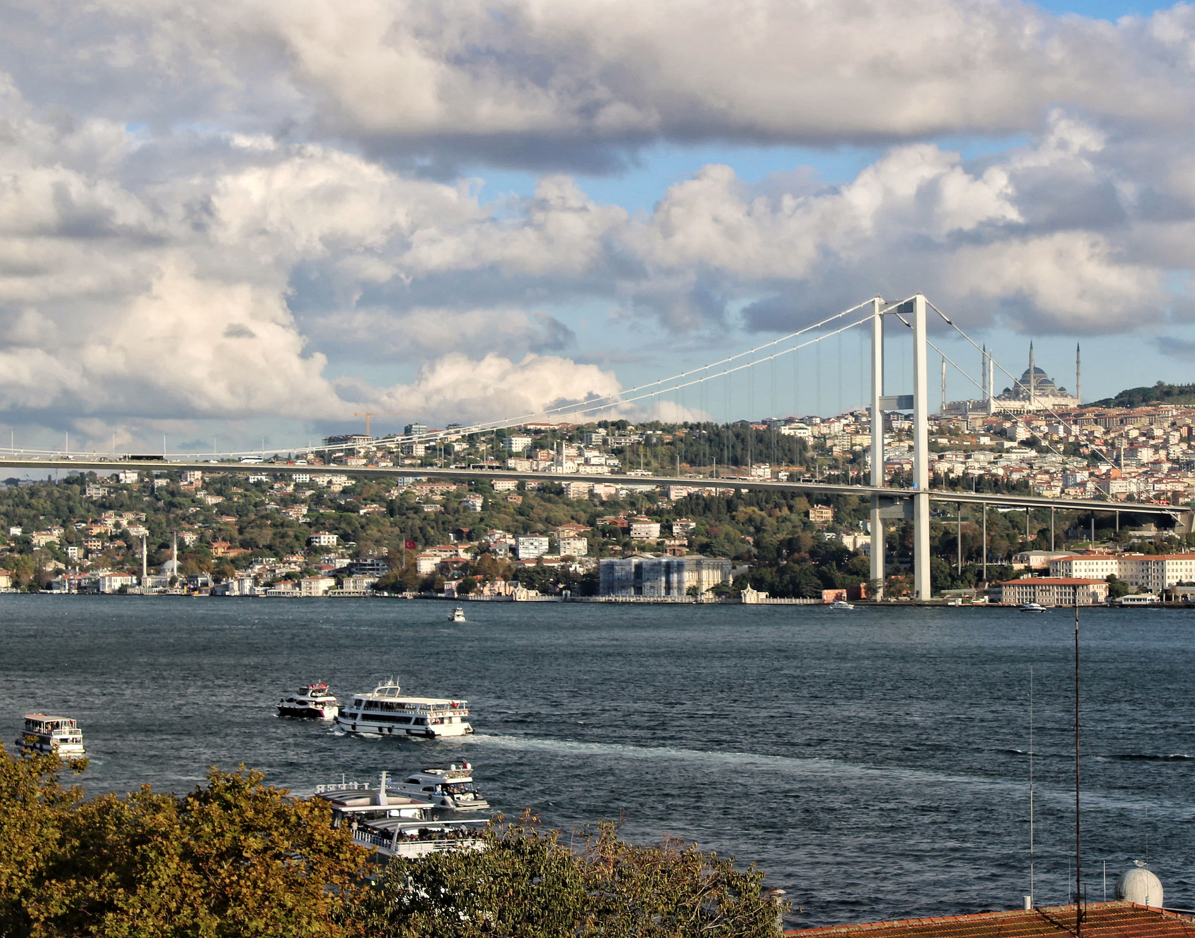 A breathtaking view of the Bosphorus Bridge in Istanbul with vibrant cityscape and waterscape.