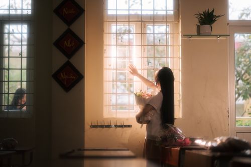 Free A girl holding flowers, bathed in sunlight through a classroom window in Lạng Sơn. Stock Photo