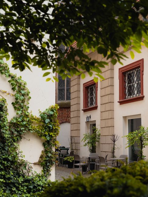 Cozy outdoor patio surrounded by ivy-covered walls and greenery, offering a serene retreat.