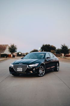 白天，一辆豪华黑色轿车停在郊区道路上，前灯闪亮