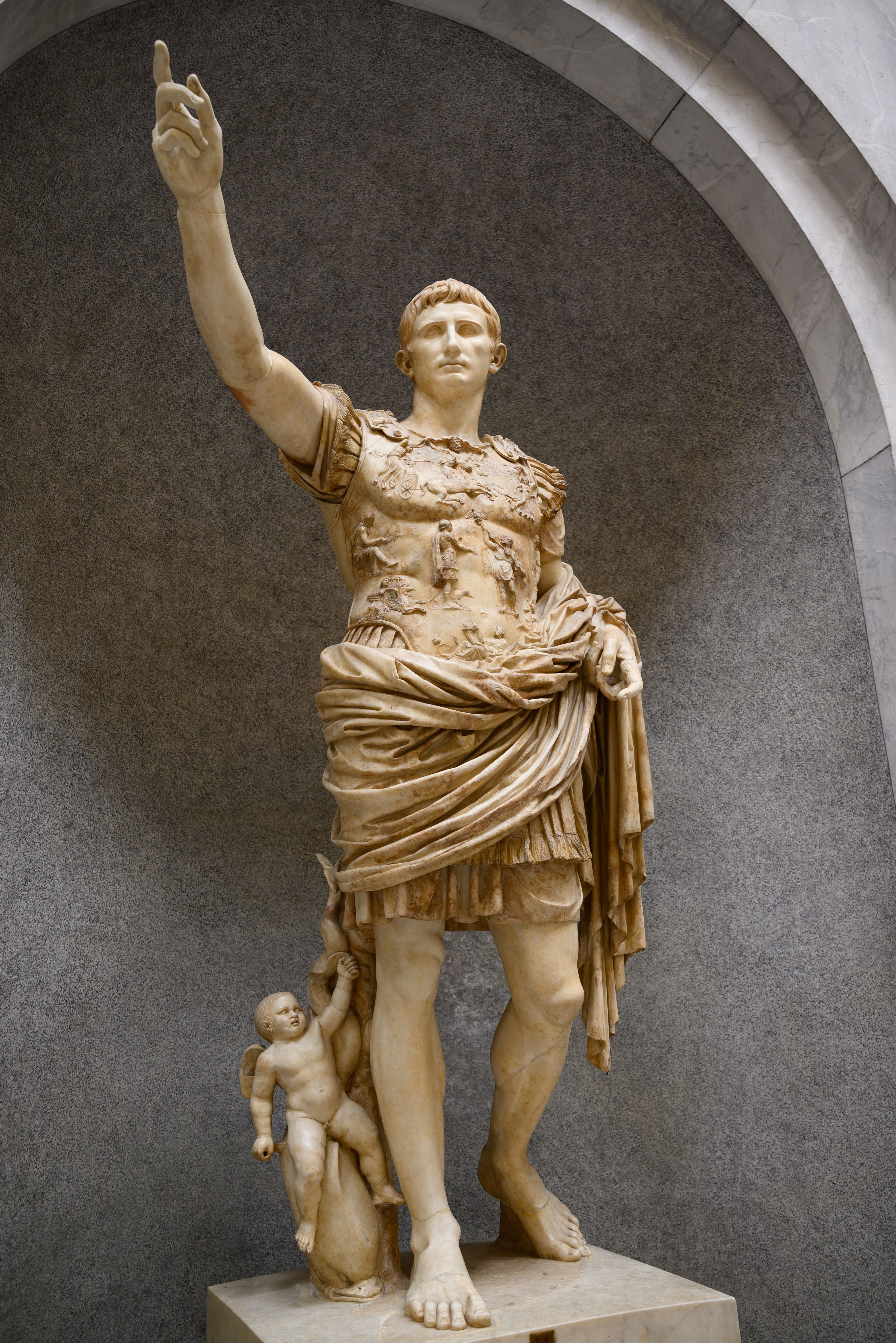 Roman Emperor Augustus statue in a classic pose located in Vatican City.