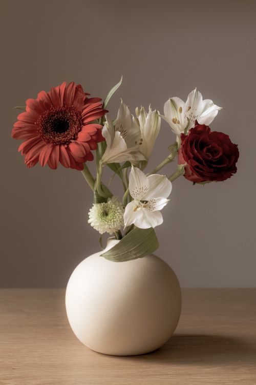 Free A serene still life of diverse flowers in a minimalist round vase, perfect for decor inspiration. Stock Photo