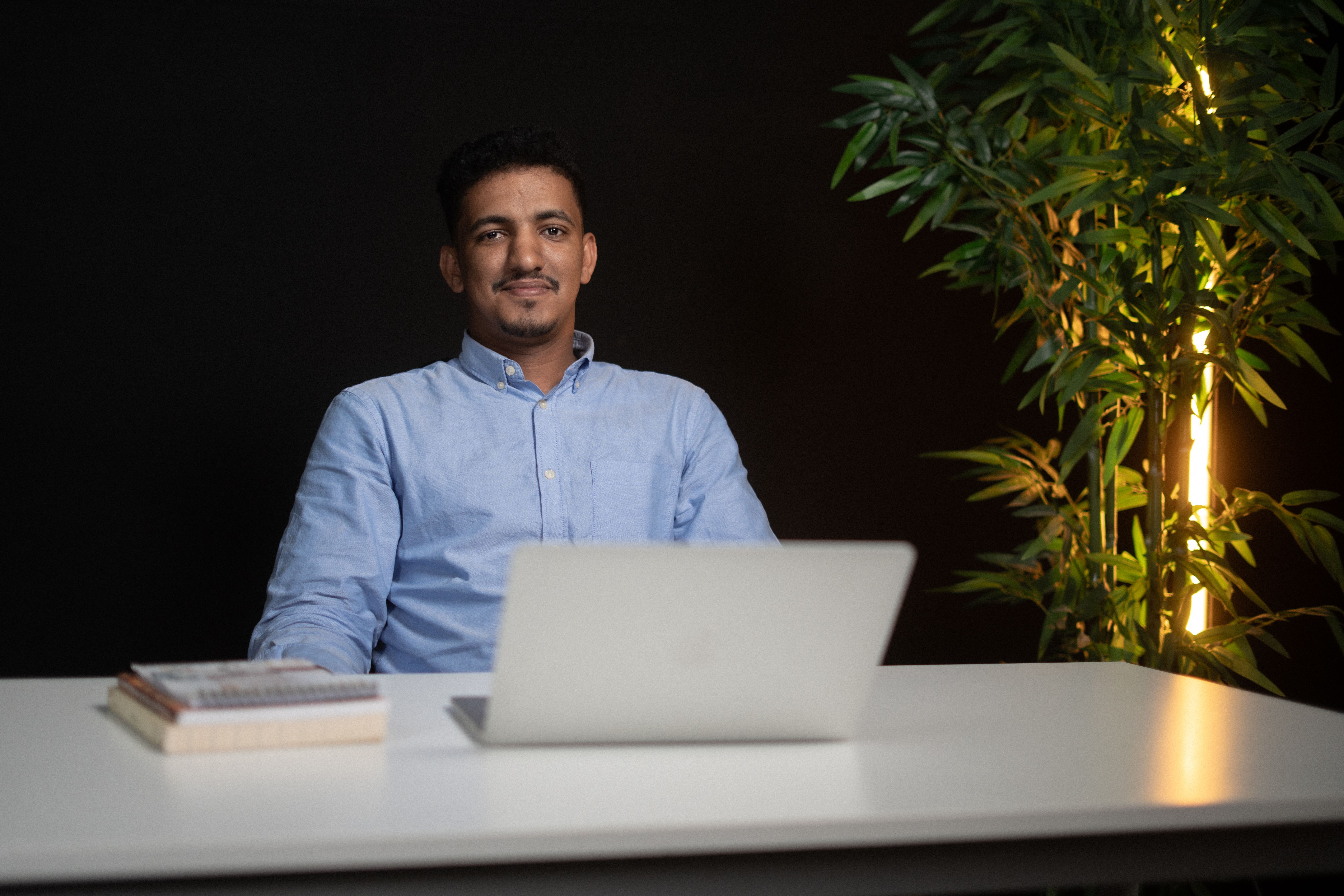 Business professional sitting at desk with laptop, books, and plant.