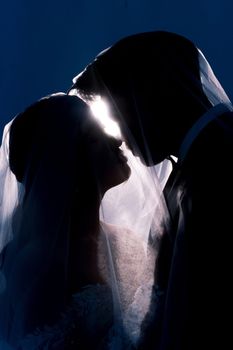 Silhouetted bride and groom sharing intimate moment with veil backlight.
