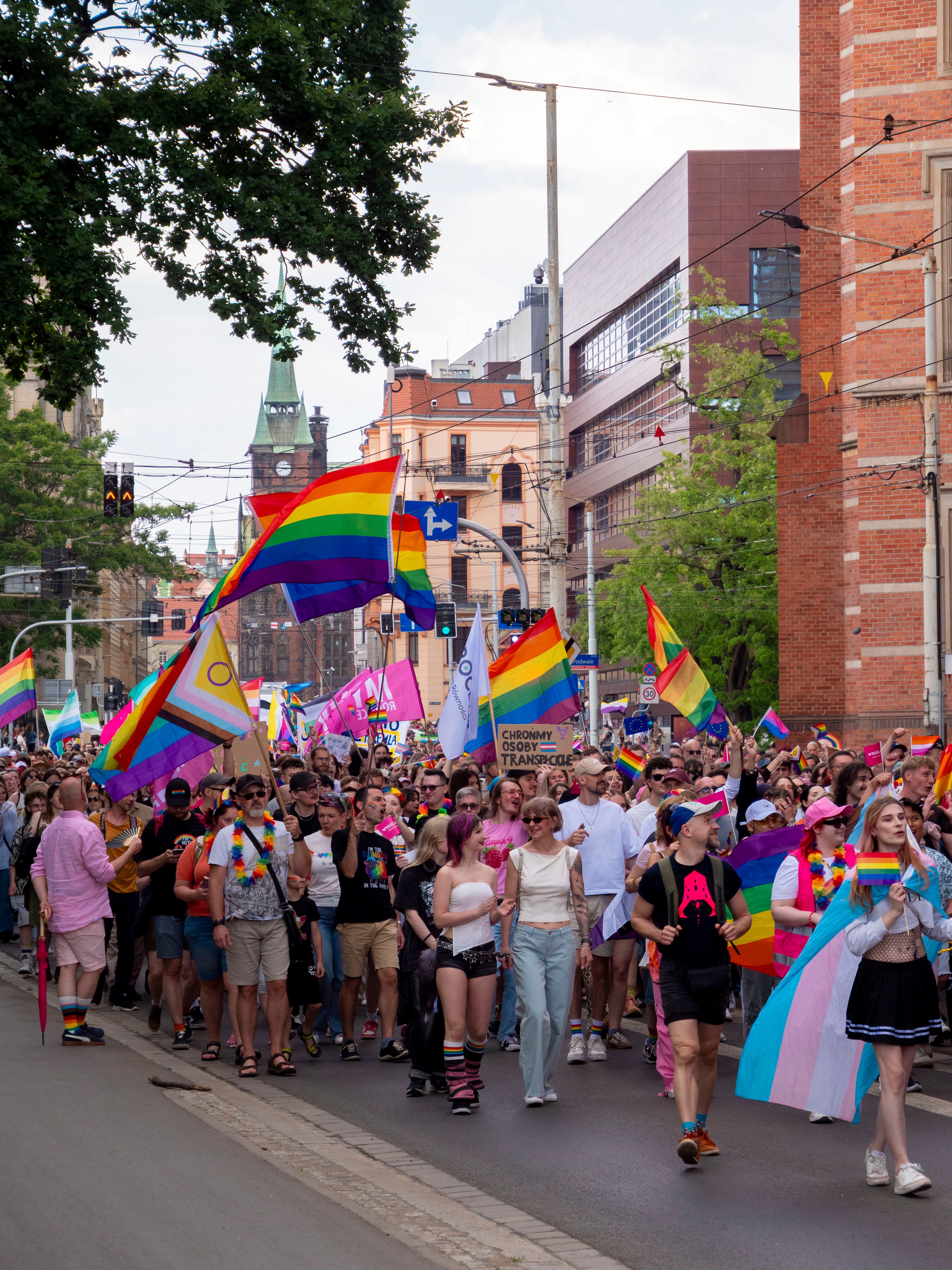 Gratuit Scène vibrante de la marche des fiertés LGBTQ à Wrocław, avec des drapeaux colorés et une foule joyeuse. Photos