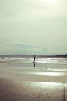 A solitary person strolls along a serene beach in Vietnam, under an overcast sky. Perfect for travel and relaxation themes.