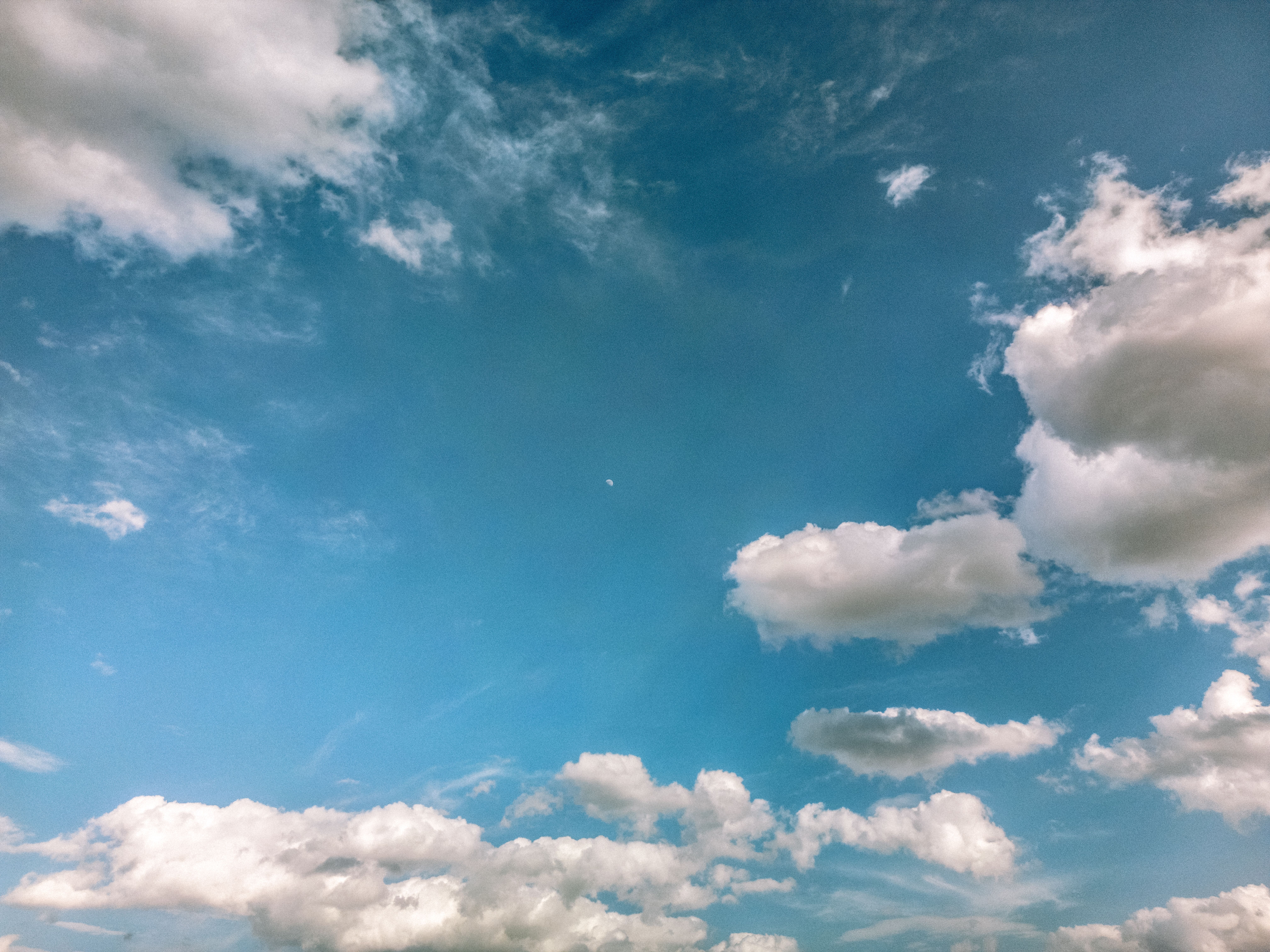 A clear blue sky filled with scattered fluffy white clouds on a sunny day.