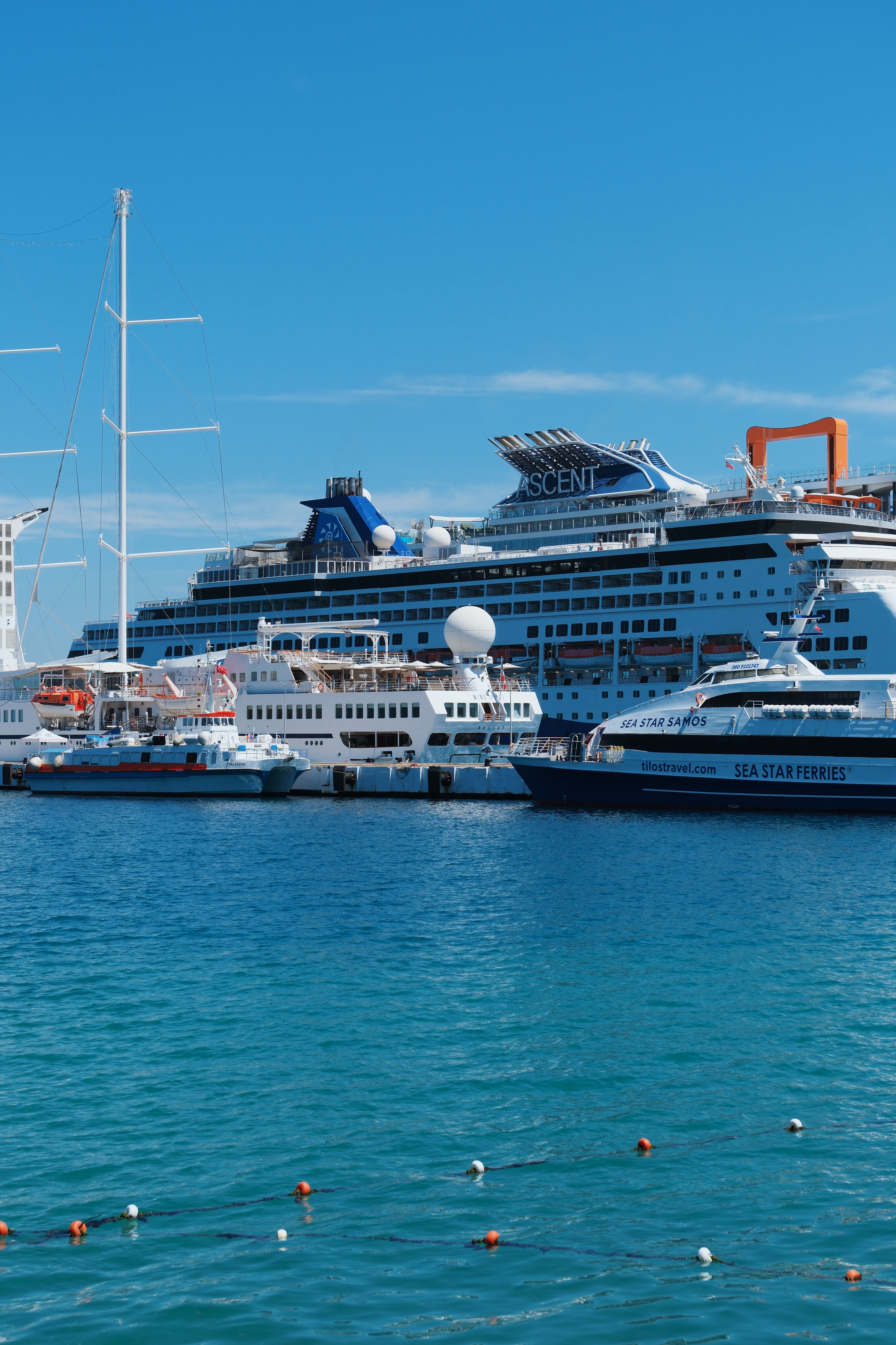Vibrant cruise ships docked at a sunny port, ideal for travel and vacation themes.