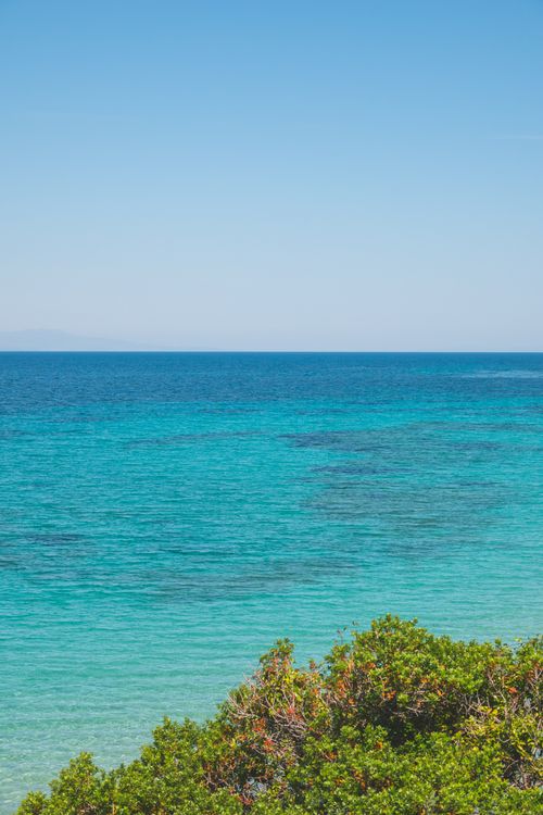 Free A serene ocean view with clear blue water and lush green foliage under a bright sky. Stock Photo