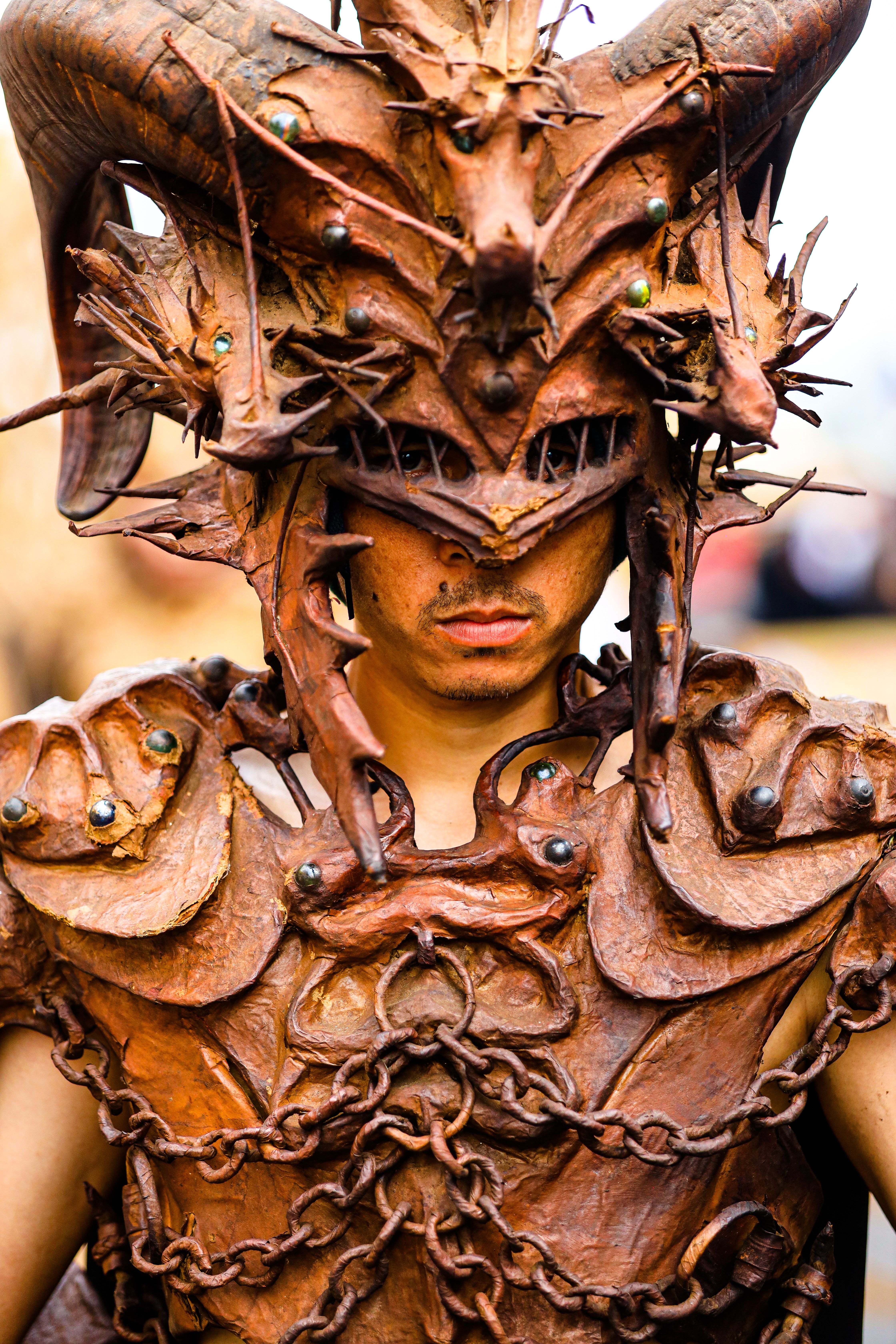 Close-up of elaborate fantasy armor worn by a person in West Java, showcasing stunning craftsmanship.