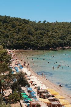 Aerial view of a vibrant sandy beach with colorful umbrellas and a lush green backdrop, ideal for summer leisure.